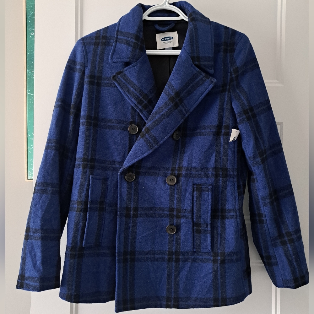 Old Navy Blue Plaid Double-Breasted Wool Blend Peacoat